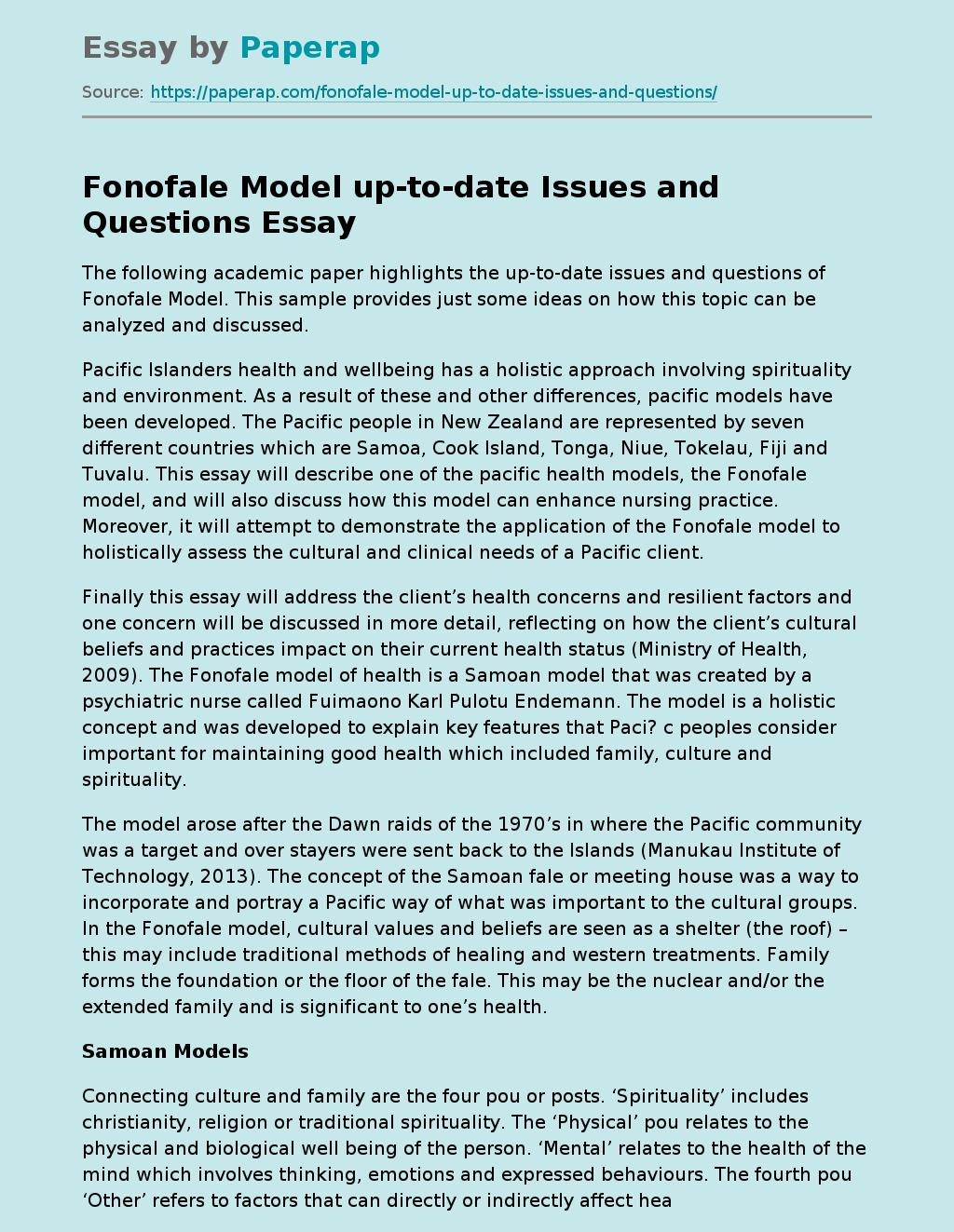 Fonofale Model up-to-date Issues and Questions