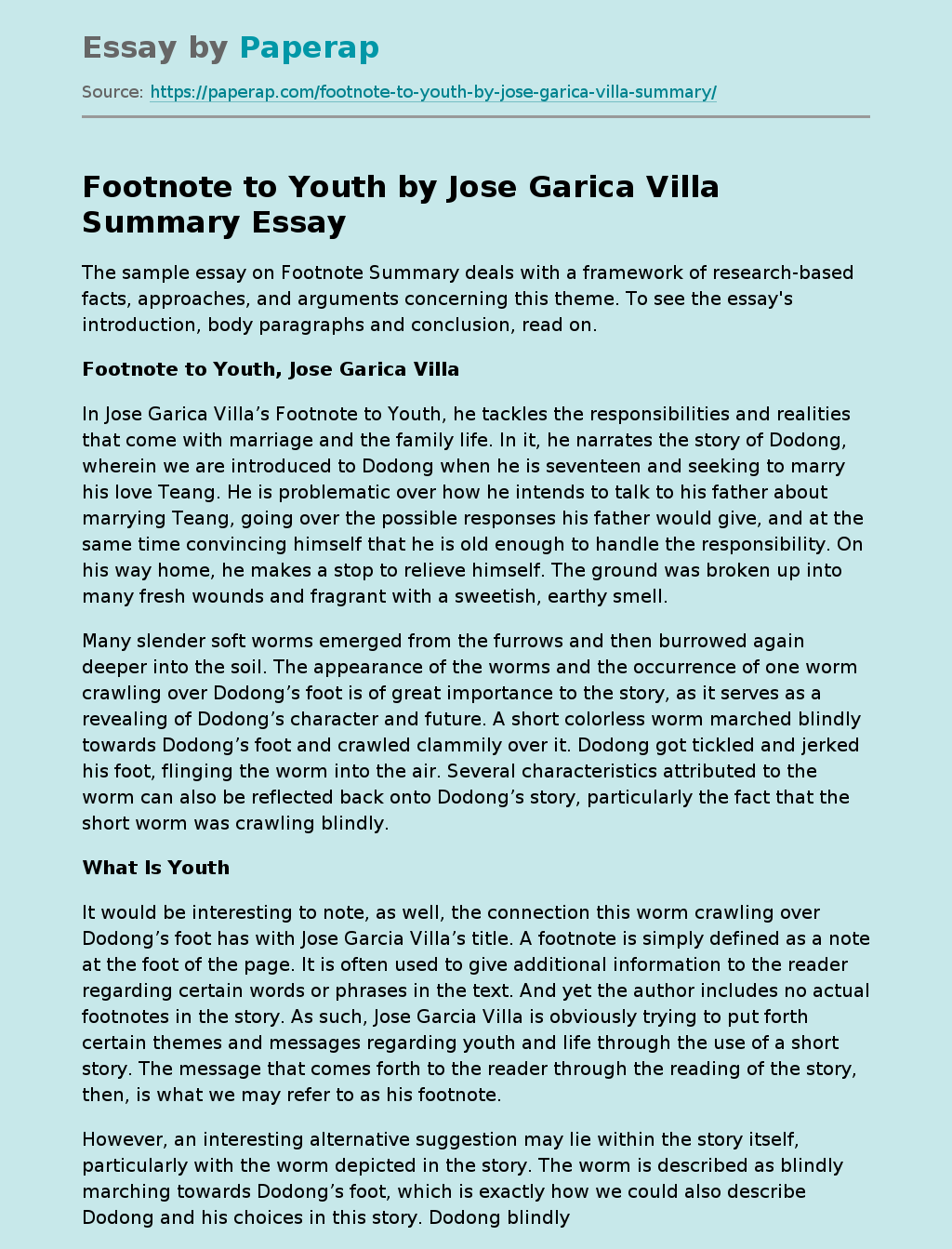 Footnote To Youth By Jose Garica Villa Summary Thesis Essay Example