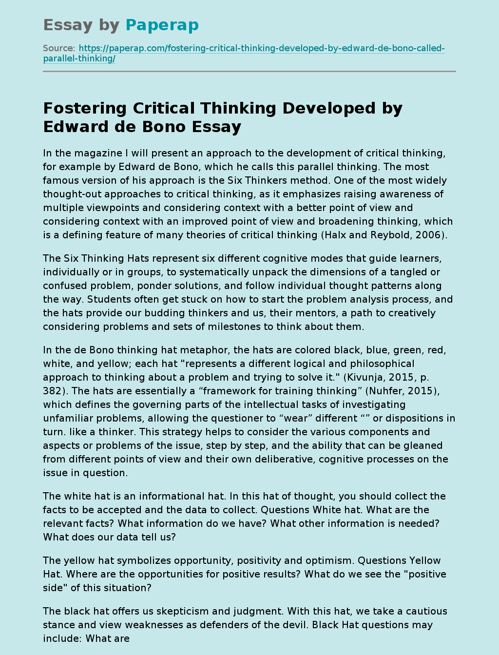 Fostering Critical Thinking Developed by Edward de Bono