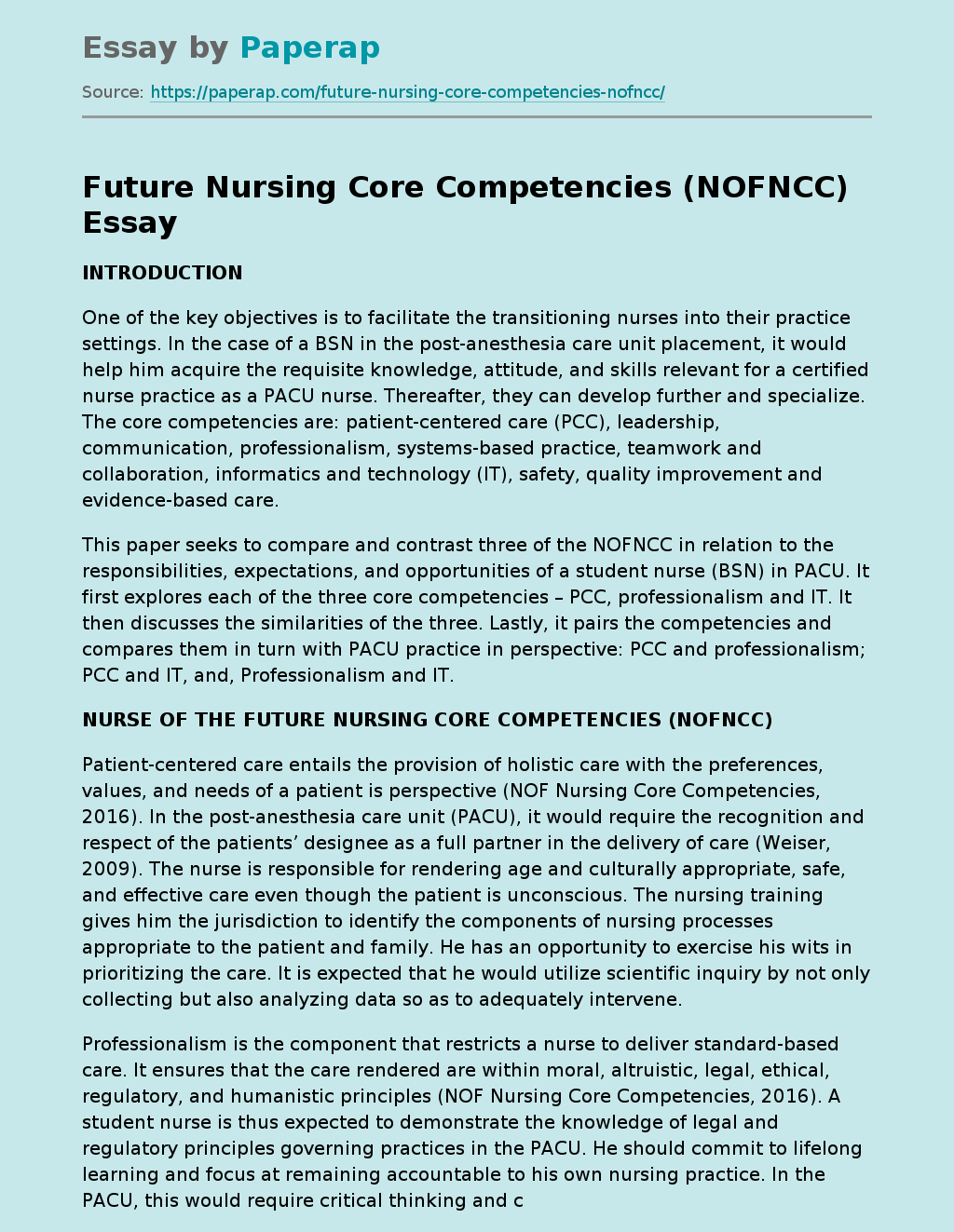 Future Nursing Core Competencies (NOFNCC)