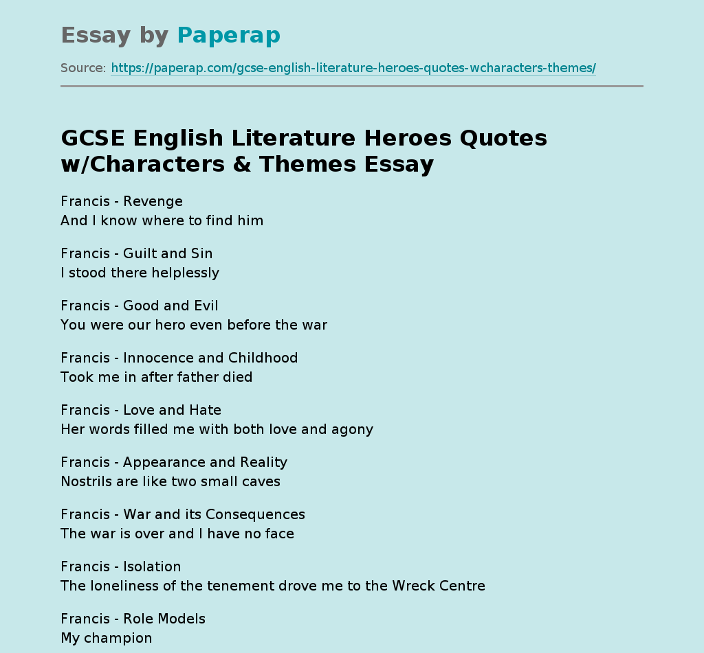 GCSE English Literature Heroes Quotes w/Characters &amp; Themes