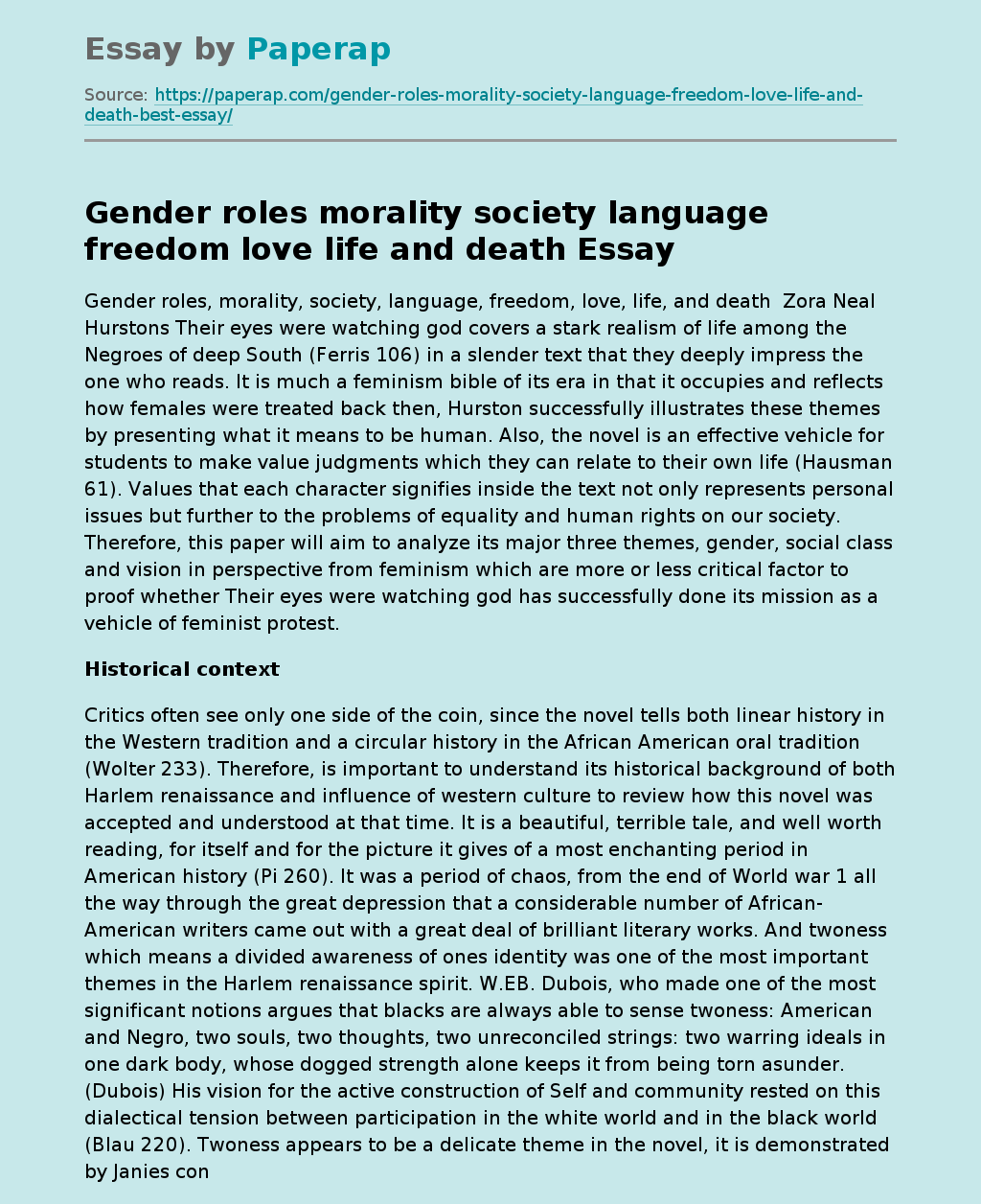 Gender roles morality society language freedom love life and death