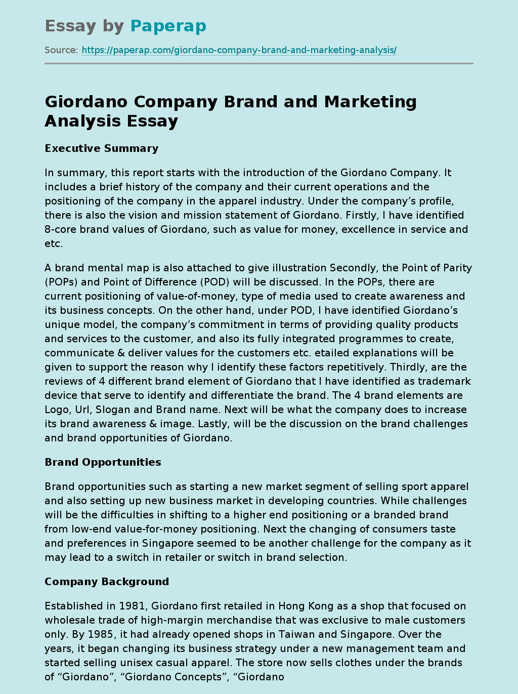 Giordano Company Brand and Marketing Analysis
