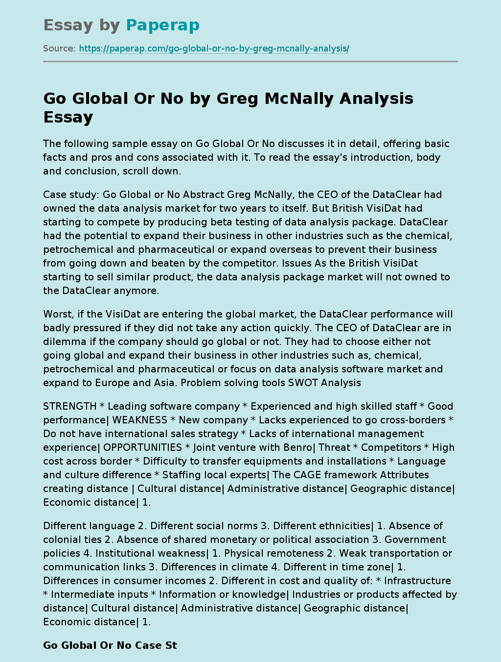Go Global Or No by Greg McNally Analysis