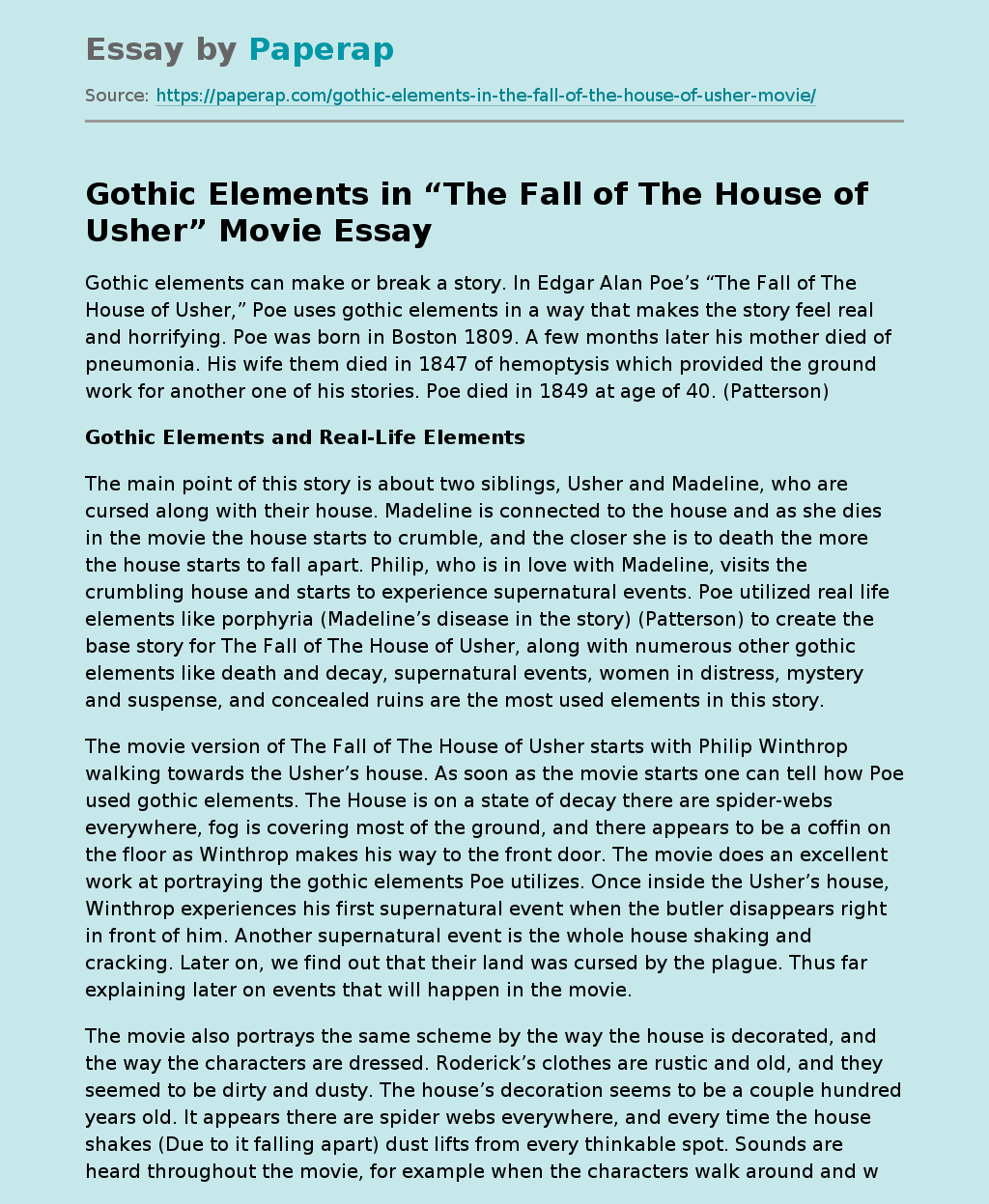 the fall of the house of usher gothic elements essay
