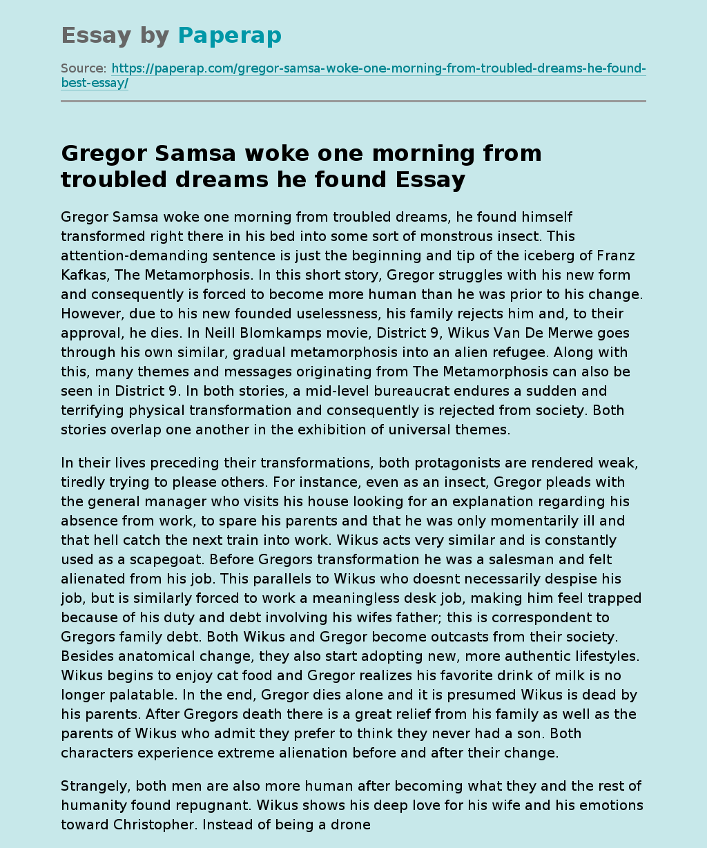 Gregor Samsa woke one morning from troubled dreams he found