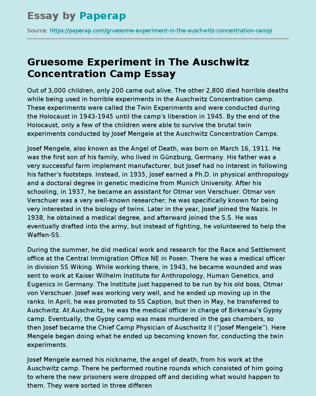 Gruesome Experiment in The Auschwitz Concentration Camp