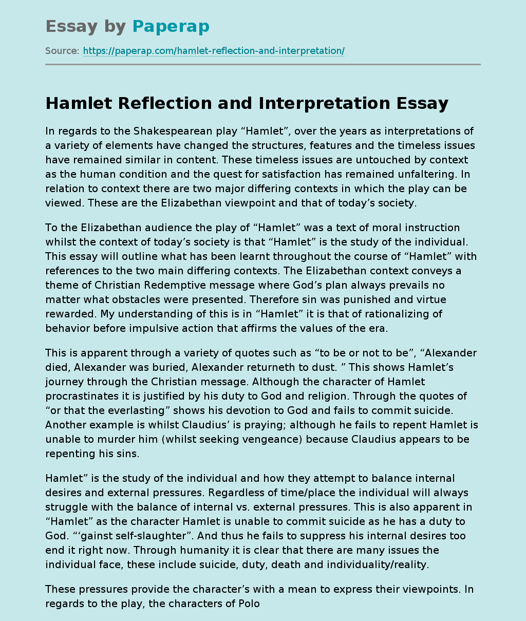 Hamlet Reflection and Interpretation