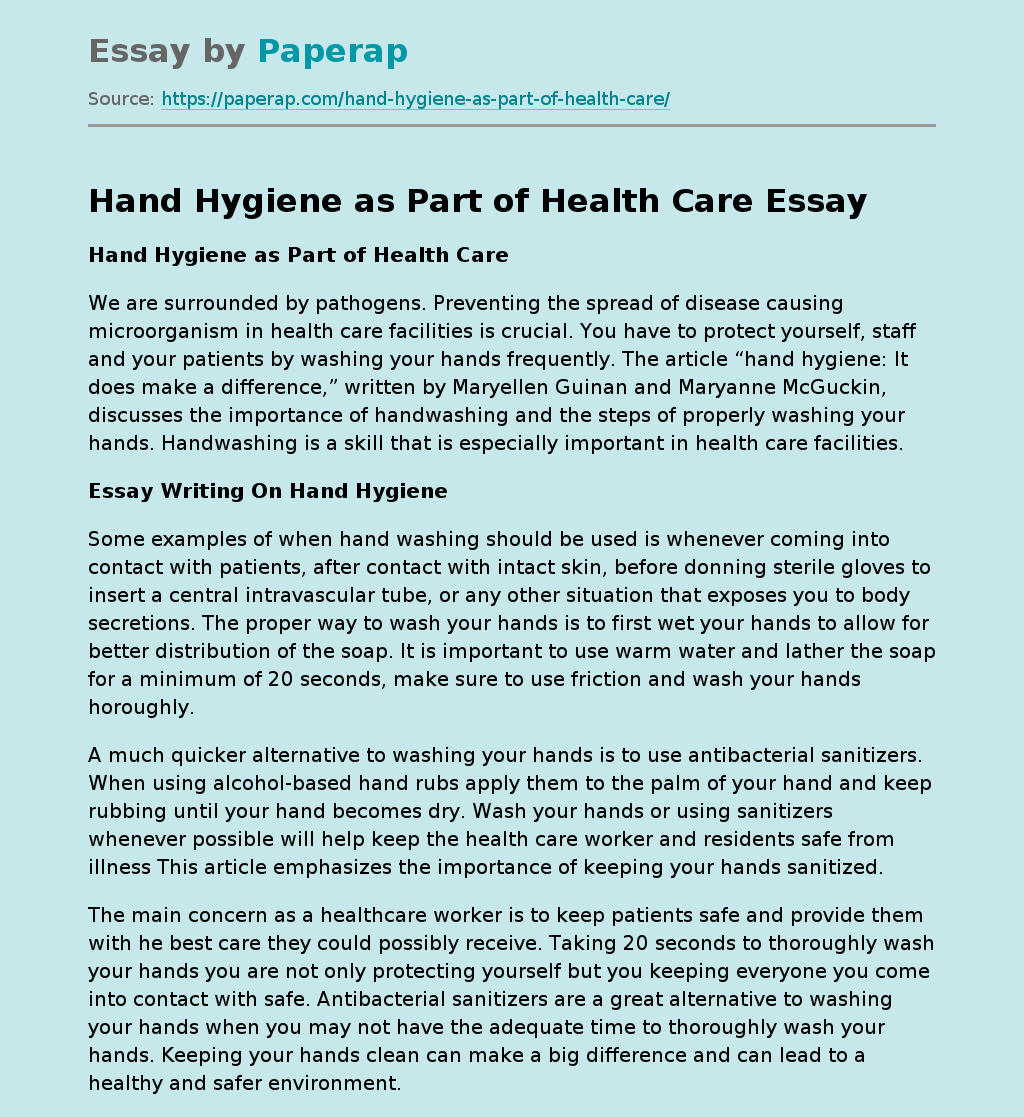 Hand Hygiene as Part of Health Care