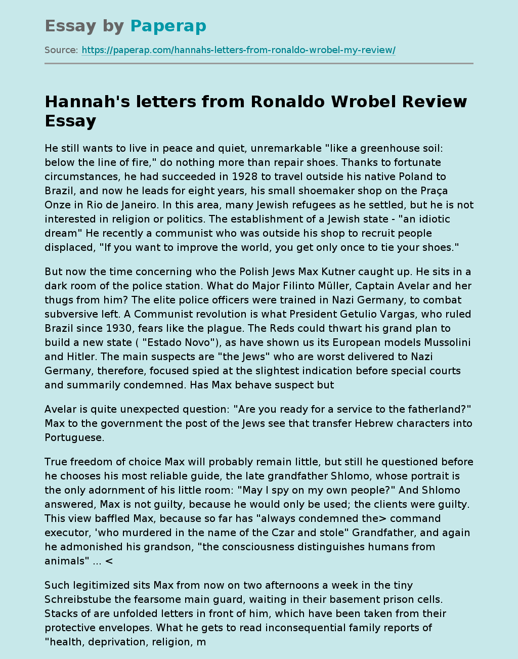 Hannah's letters from Ronaldo Wrobel Review
