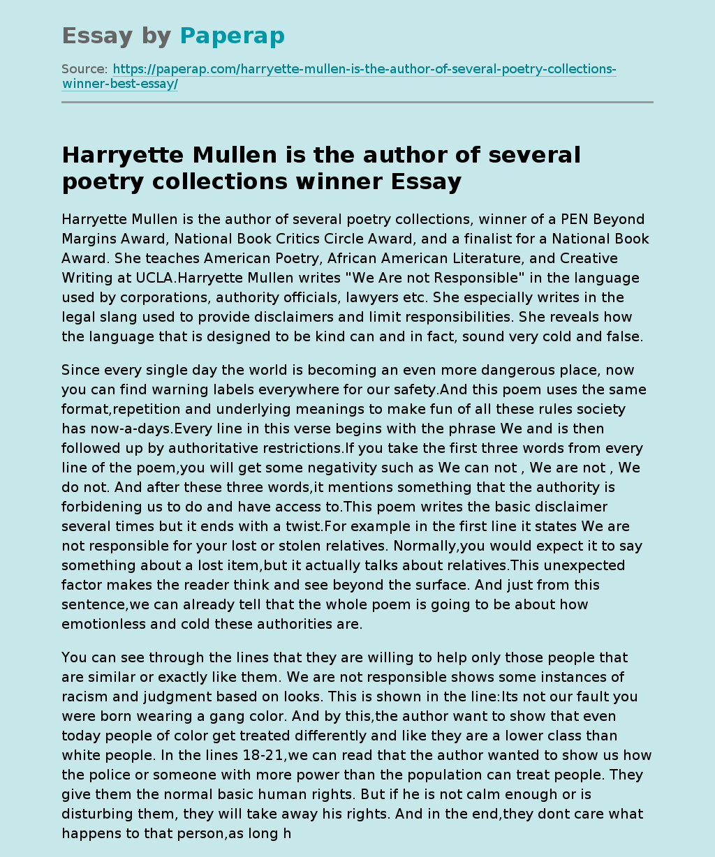 Harryette Mullen is the author of several poetry collections winner
