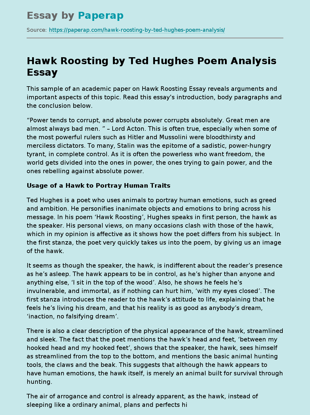 Hawk Roosting by Ted Hughes Poem Analysis