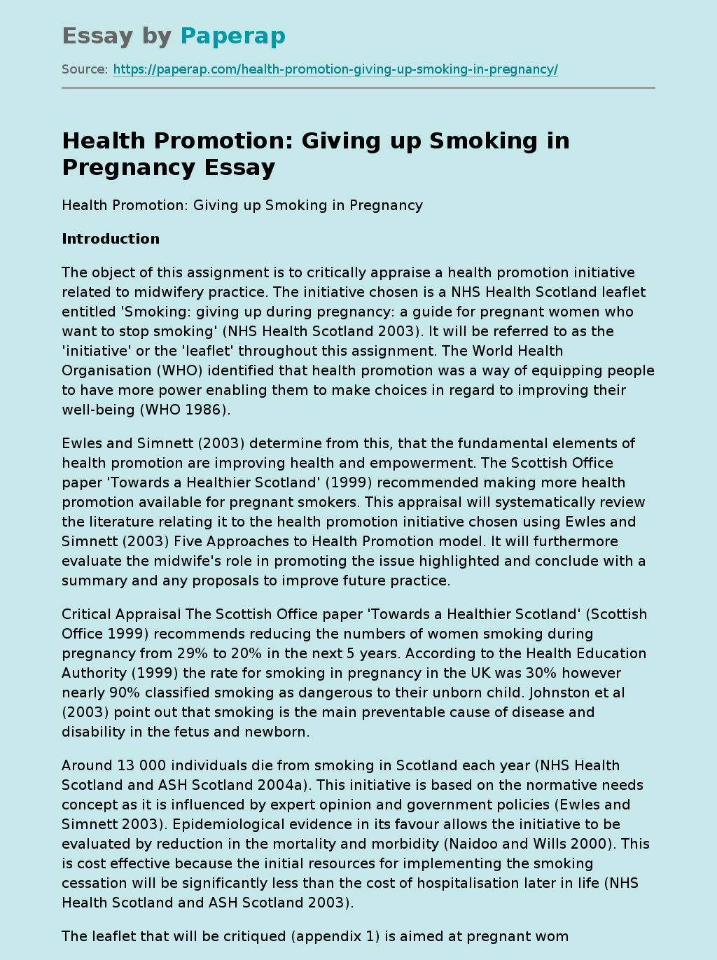 Health Promotion: Giving up Smoking in Pregnancy