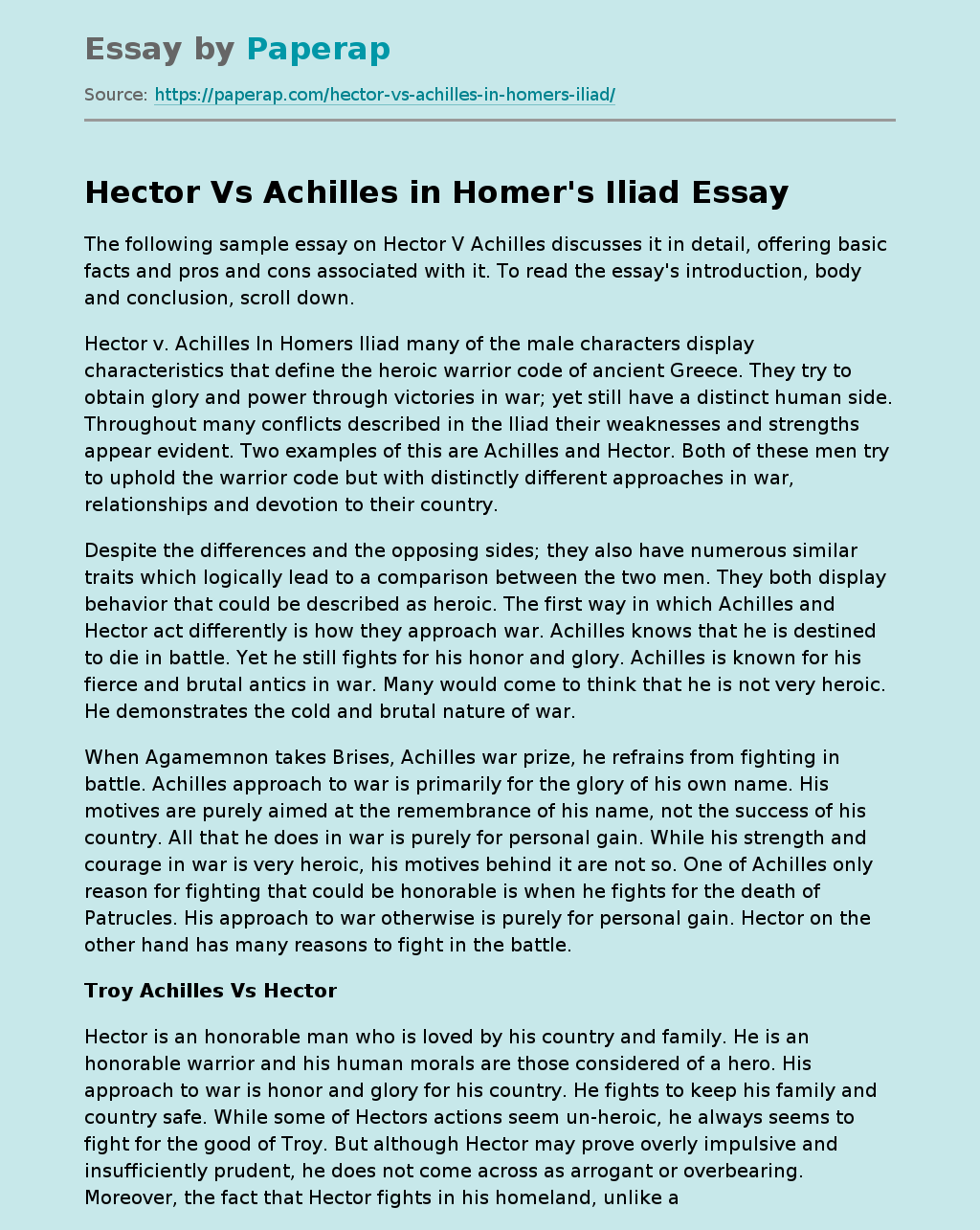 Hector Vs Achilles in Homer's Iliad