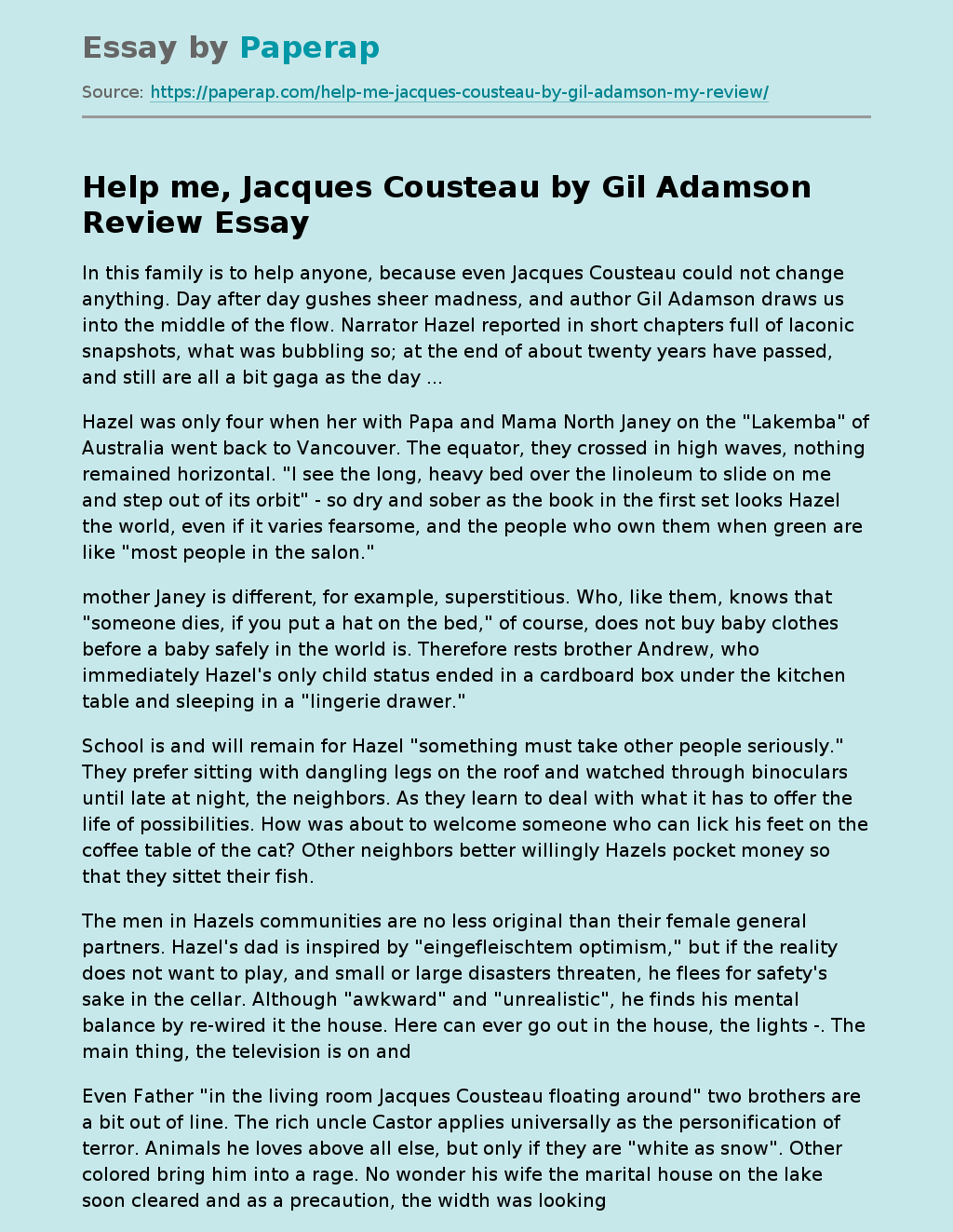 "Help me, Jacques Cousteau" by Gil Adamson