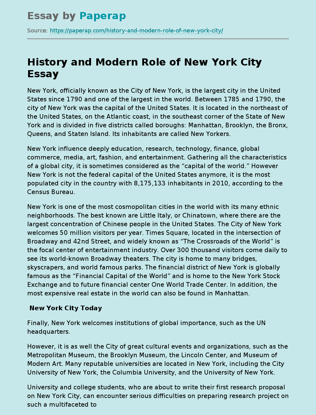 History and Modern Role of New York City