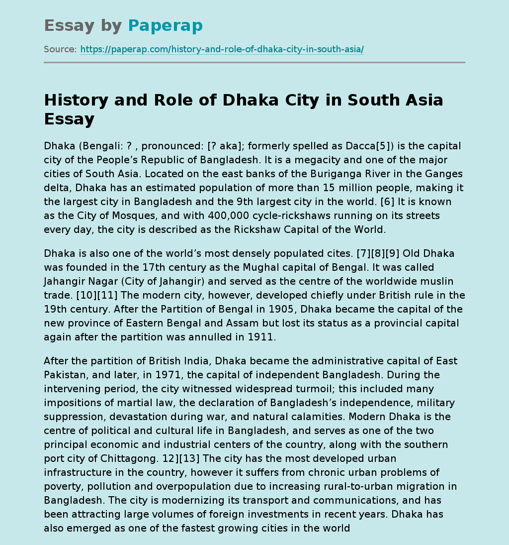 History and Role of Dhaka City in South Asia