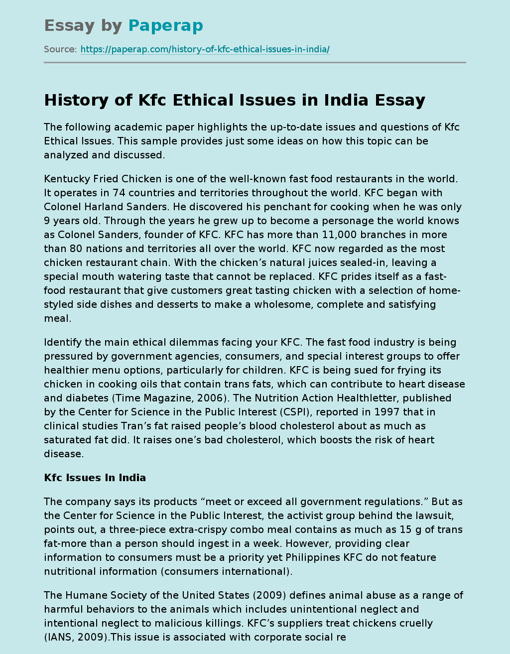 History of Kfc Ethical Issues in India