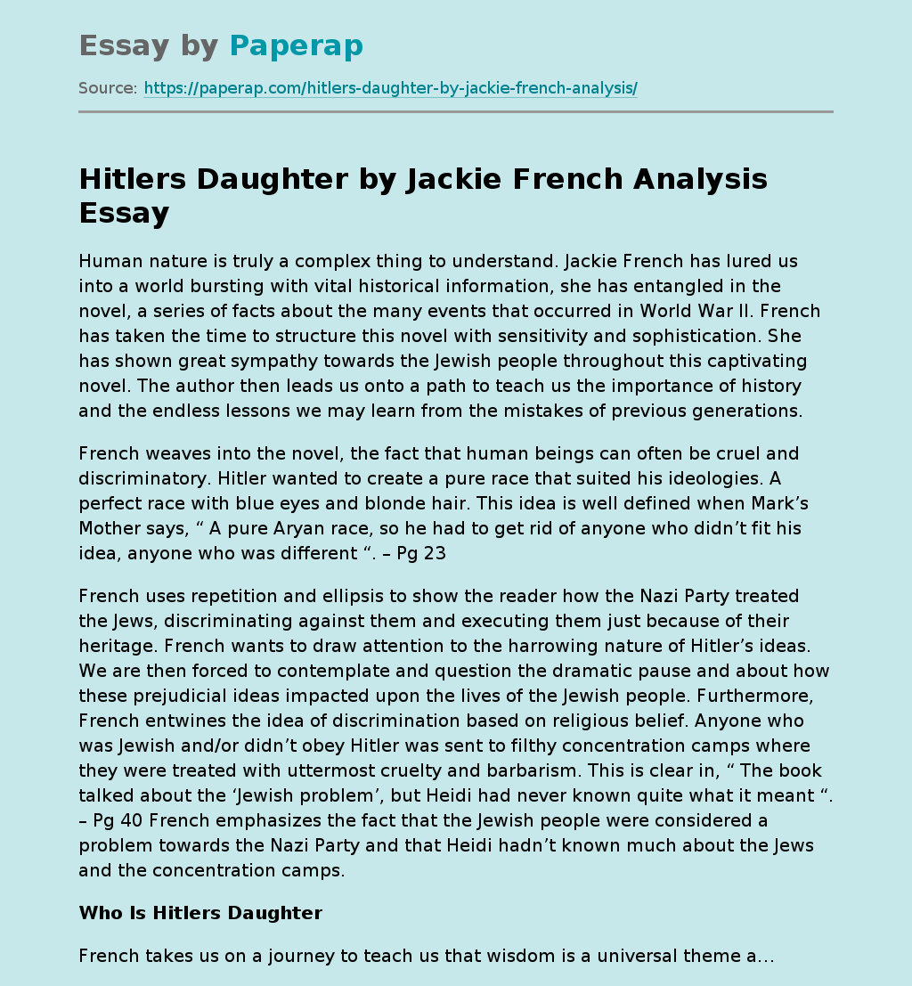 Hitlers Daughter by Jackie French Analysis