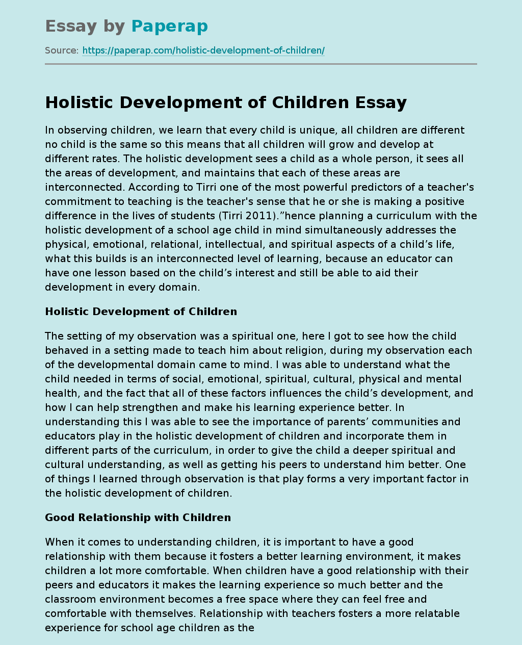 essay about holistic development