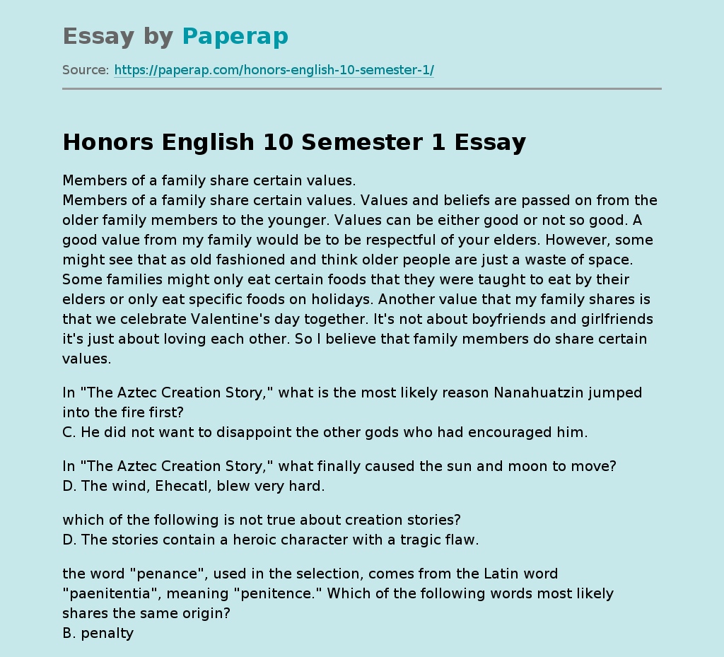Honors English 10 Semester 1