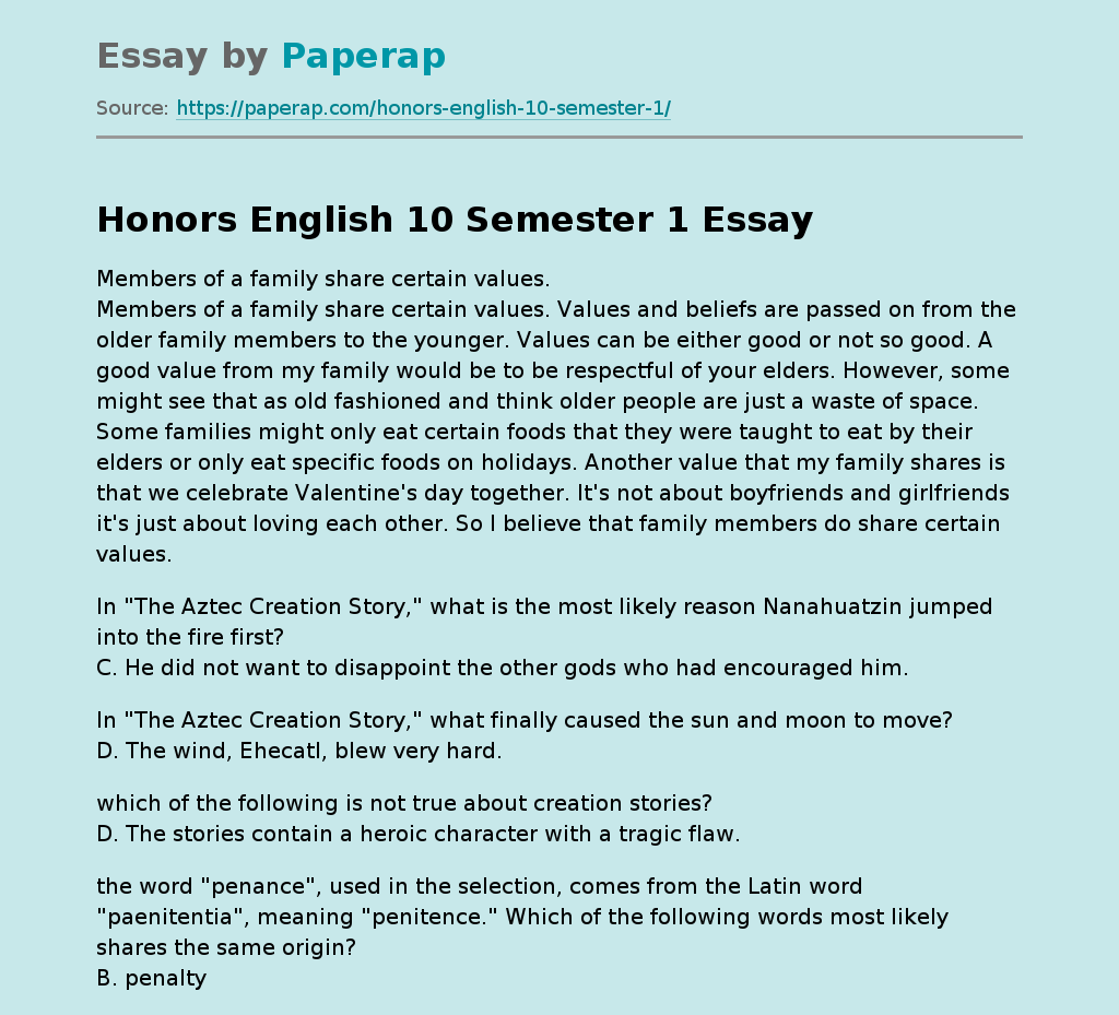 Honors English 10 Semester 1 Essay Example