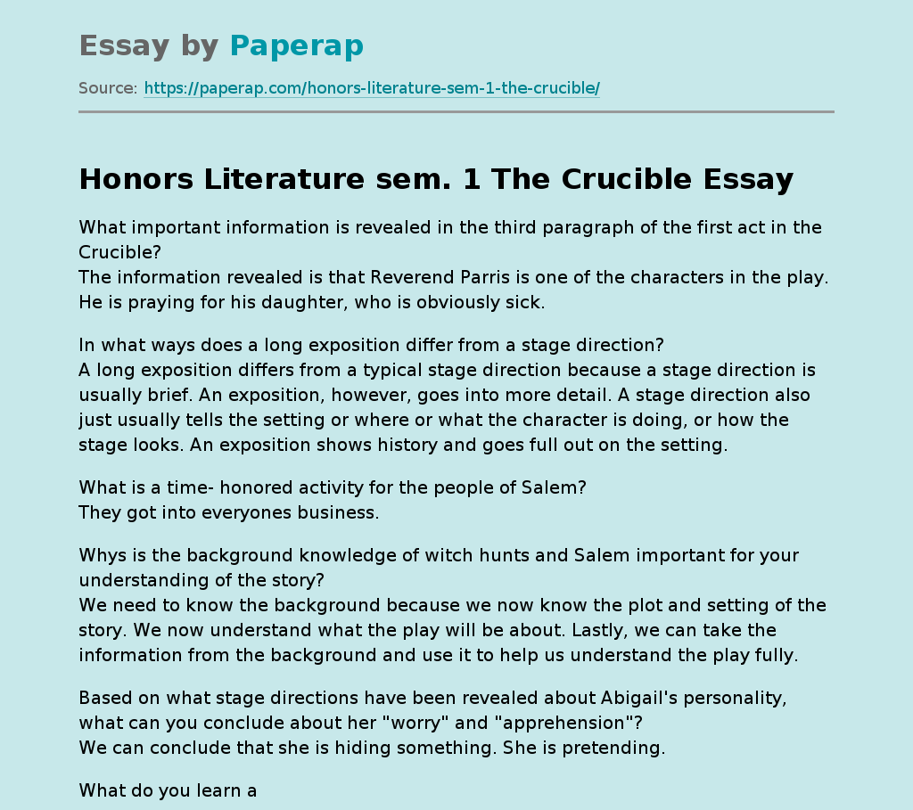 Honors Literature sem. 1 The Crucible