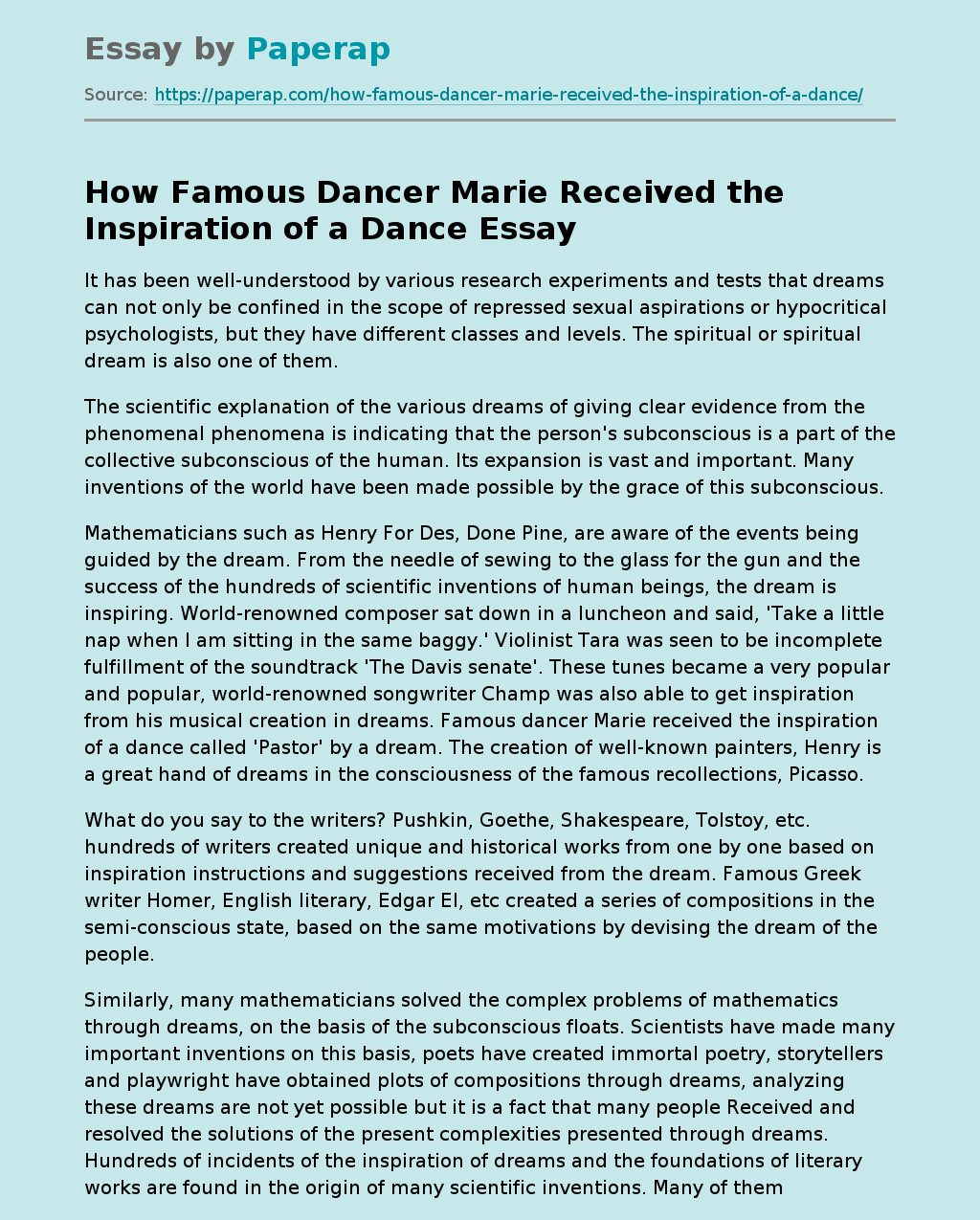 How Famous Dancer Marie Received the Inspiration of a Dance