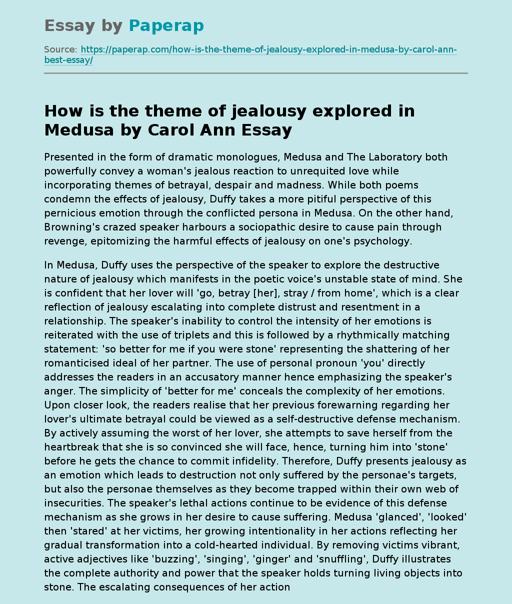 How is the theme of jealousy explored in Medusa by Carol Ann