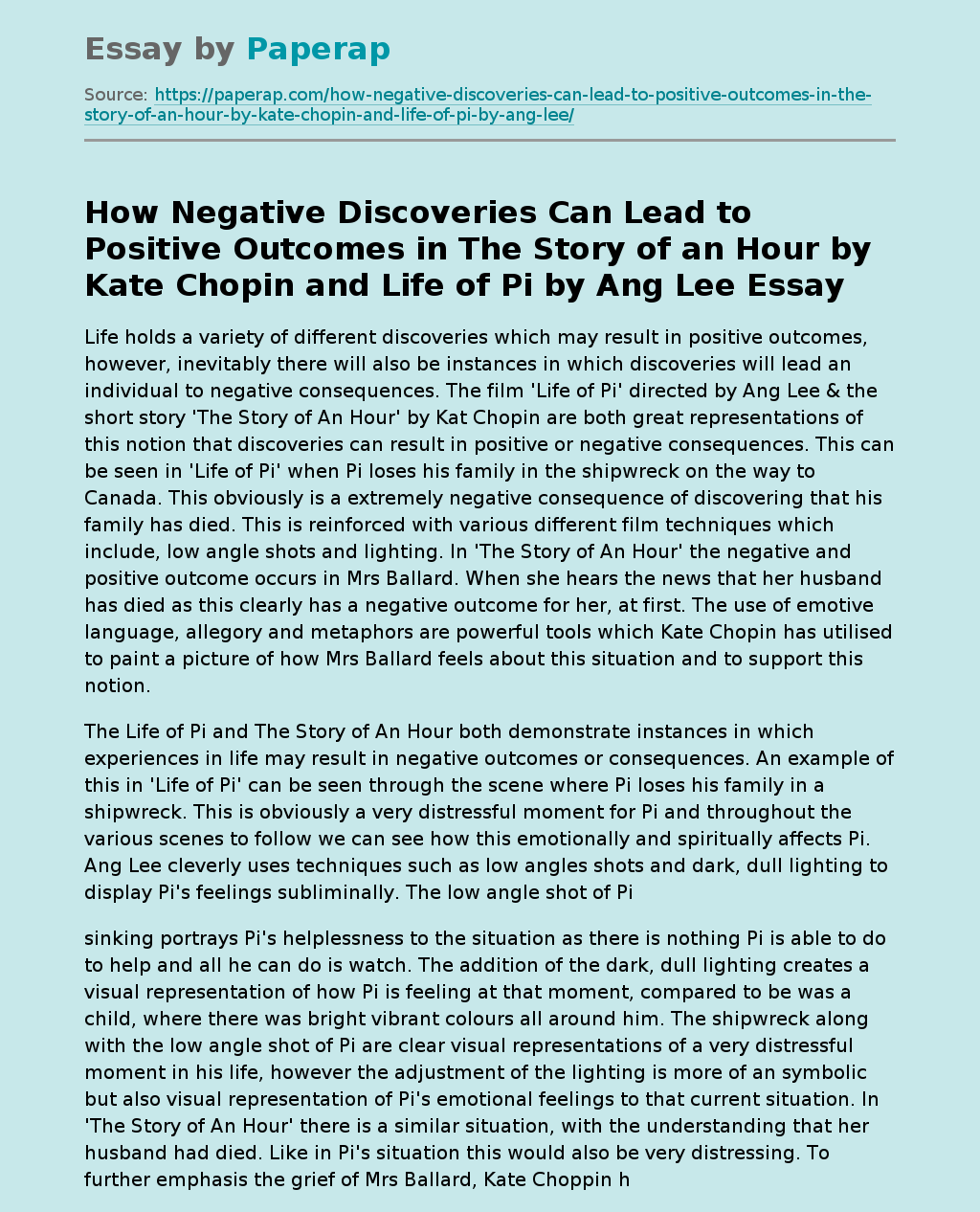 How Negative Discoveries Can Lead to Positive Outcomes in The Story of an Hour by Kate Chopin and Life of Pi by Ang Lee