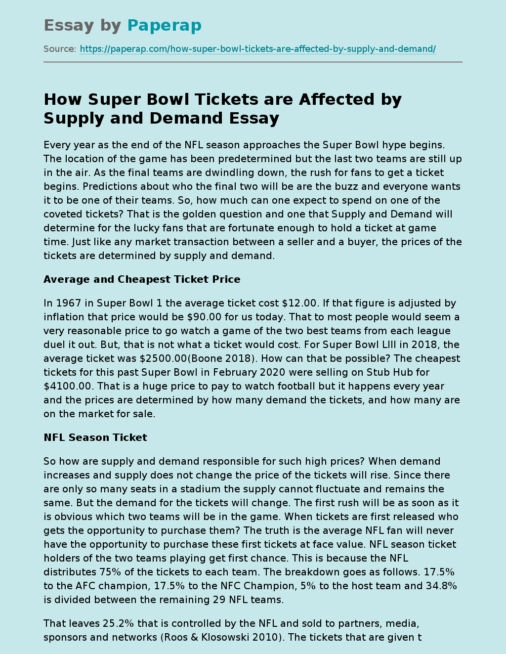 How Super Bowl Tickets are Affected by Supply and Demand