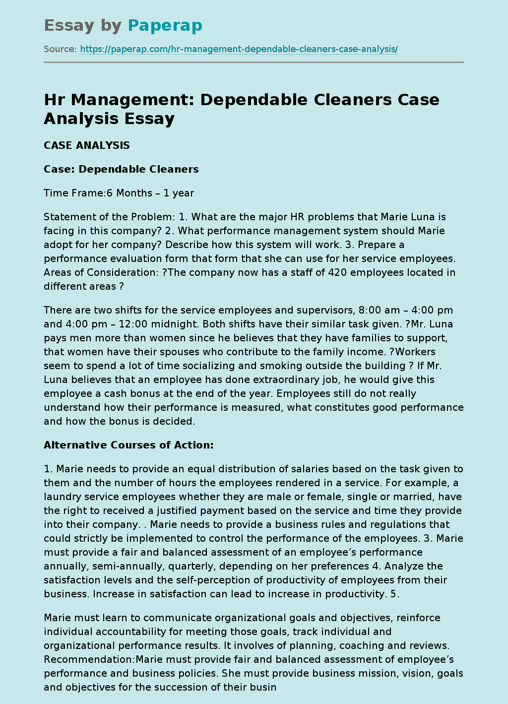 Hr Management: Dependable Cleaners Case Analysis