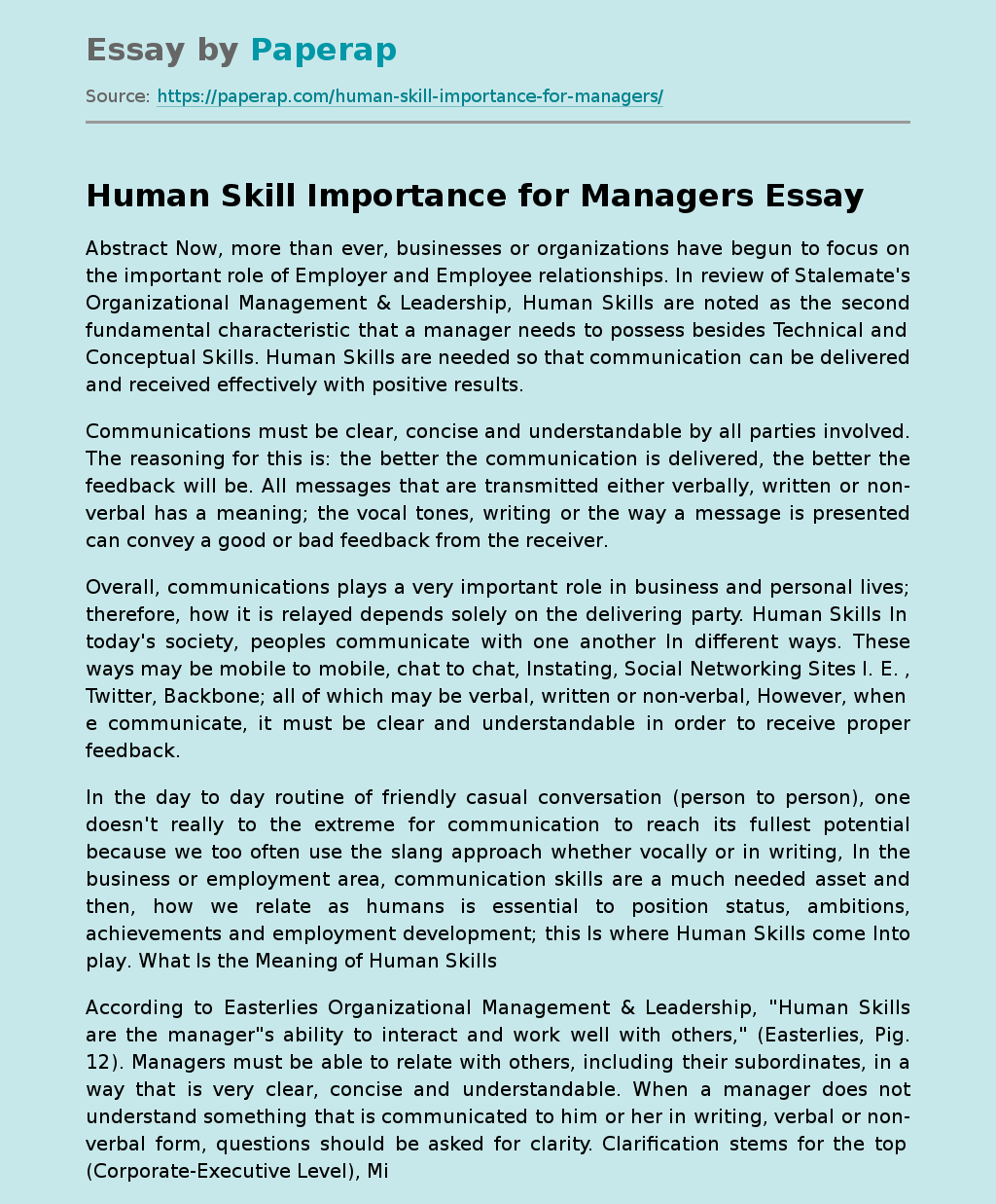 Human Skill Importance for Managers