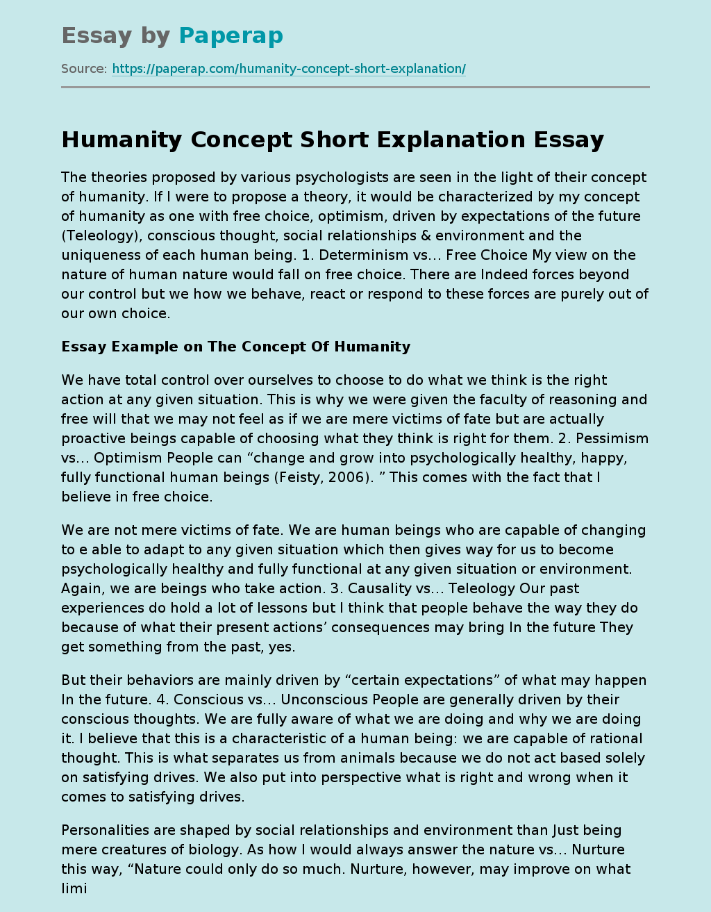 Humanity Concept Short Explanation Essay Example