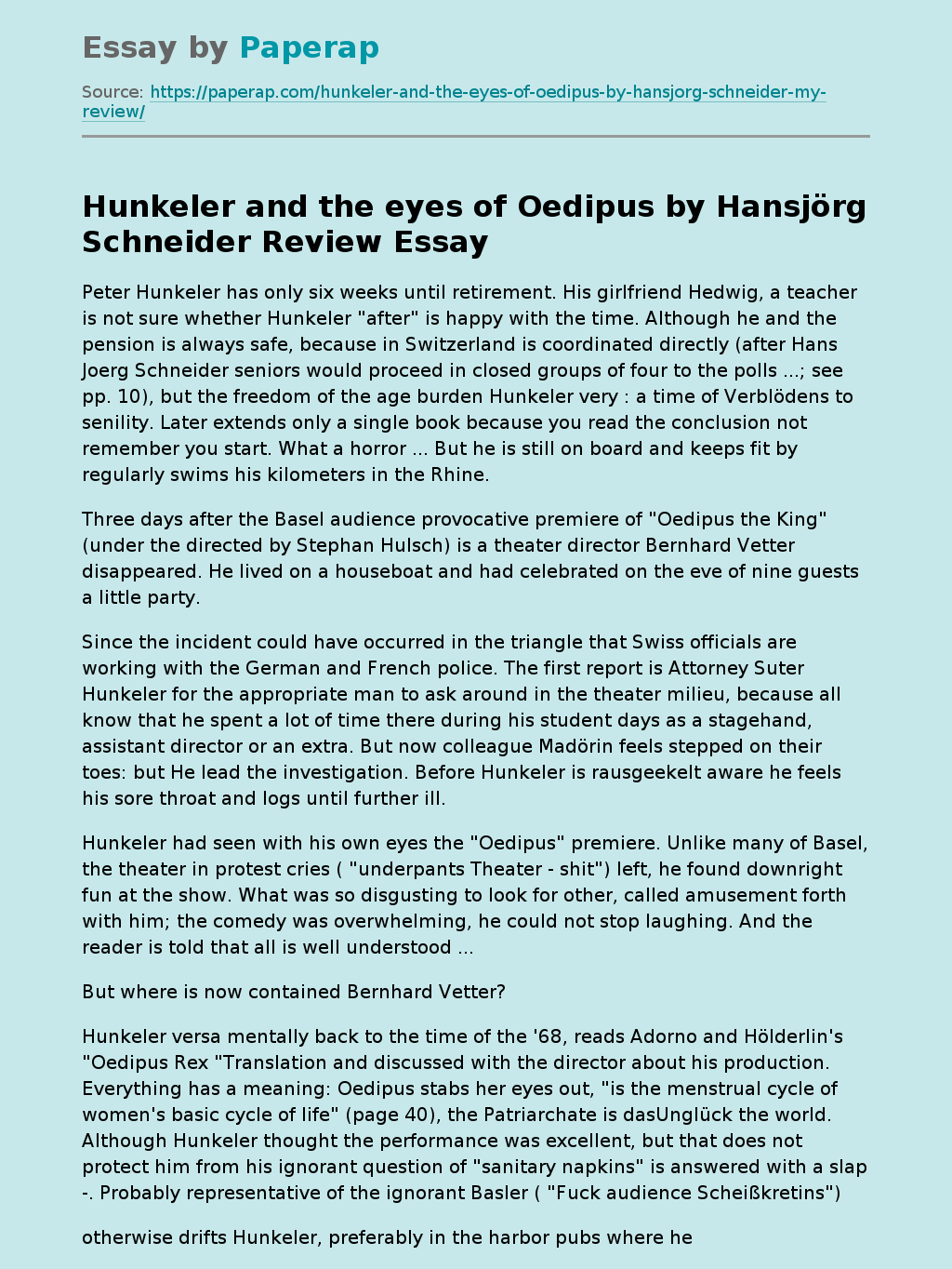 Hunkeler and the Eyes of Oedipus by Hansjörg Schneider Review