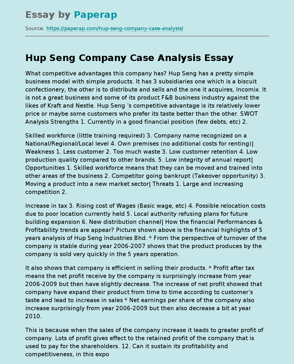 Hup Seng Company Case Analysis