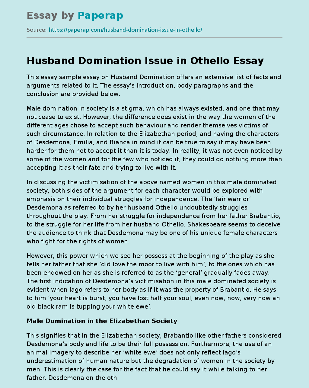 Husband Domination Issue in Othello