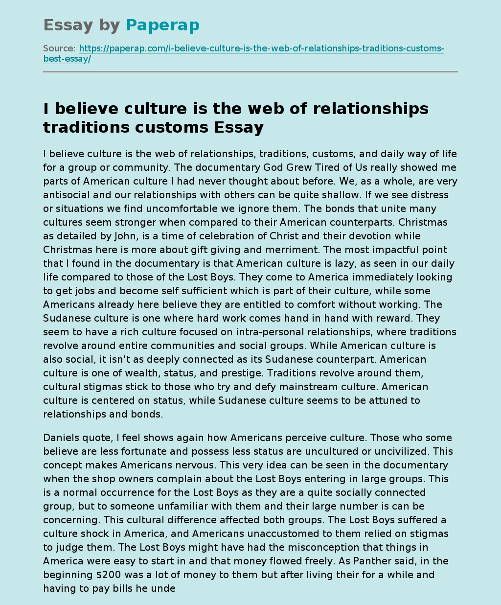 I Believe Culture is the Web of Relationships Traditions Customs
