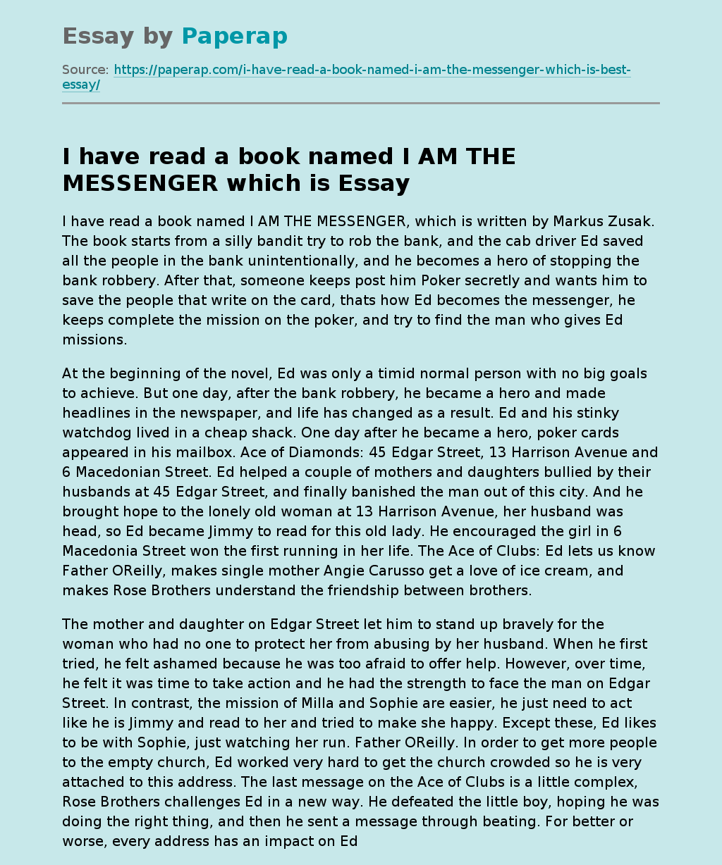 I have read a book named I AM THE MESSENGER which is