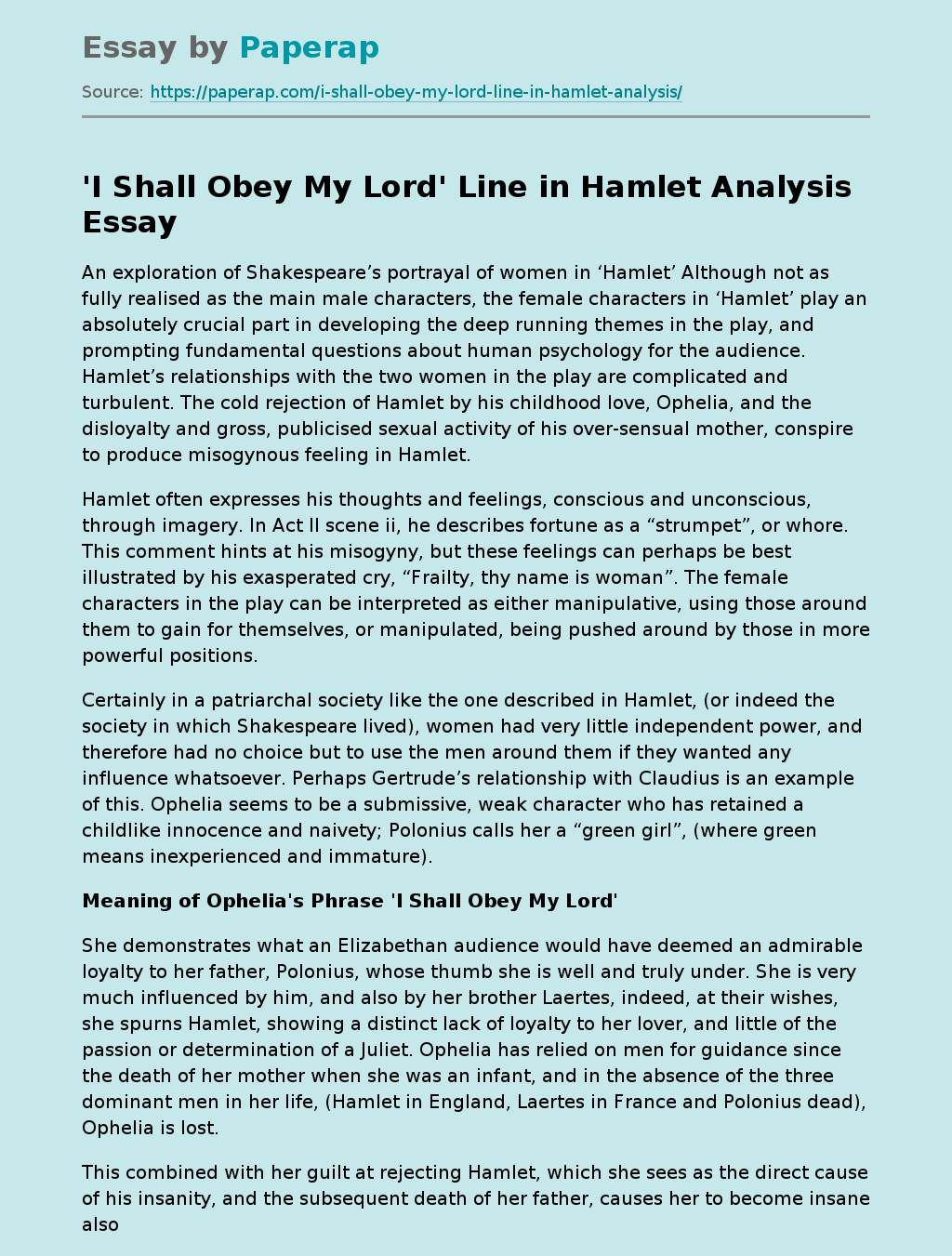 'I Shall Obey My Lord' Line in Hamlet Analysis