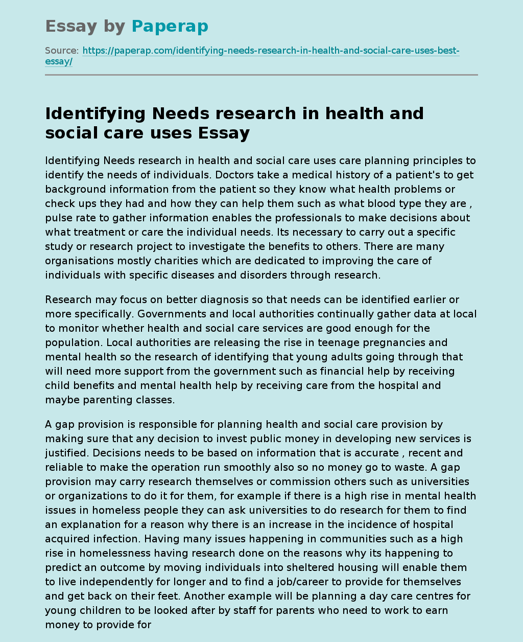 Identifying Needs research in health and social care uses