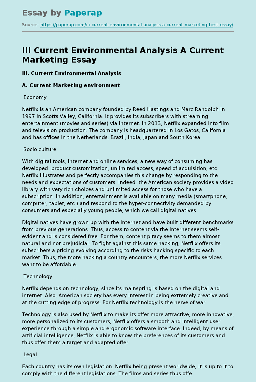 III Current Environmental Analysis A Current Marketing
