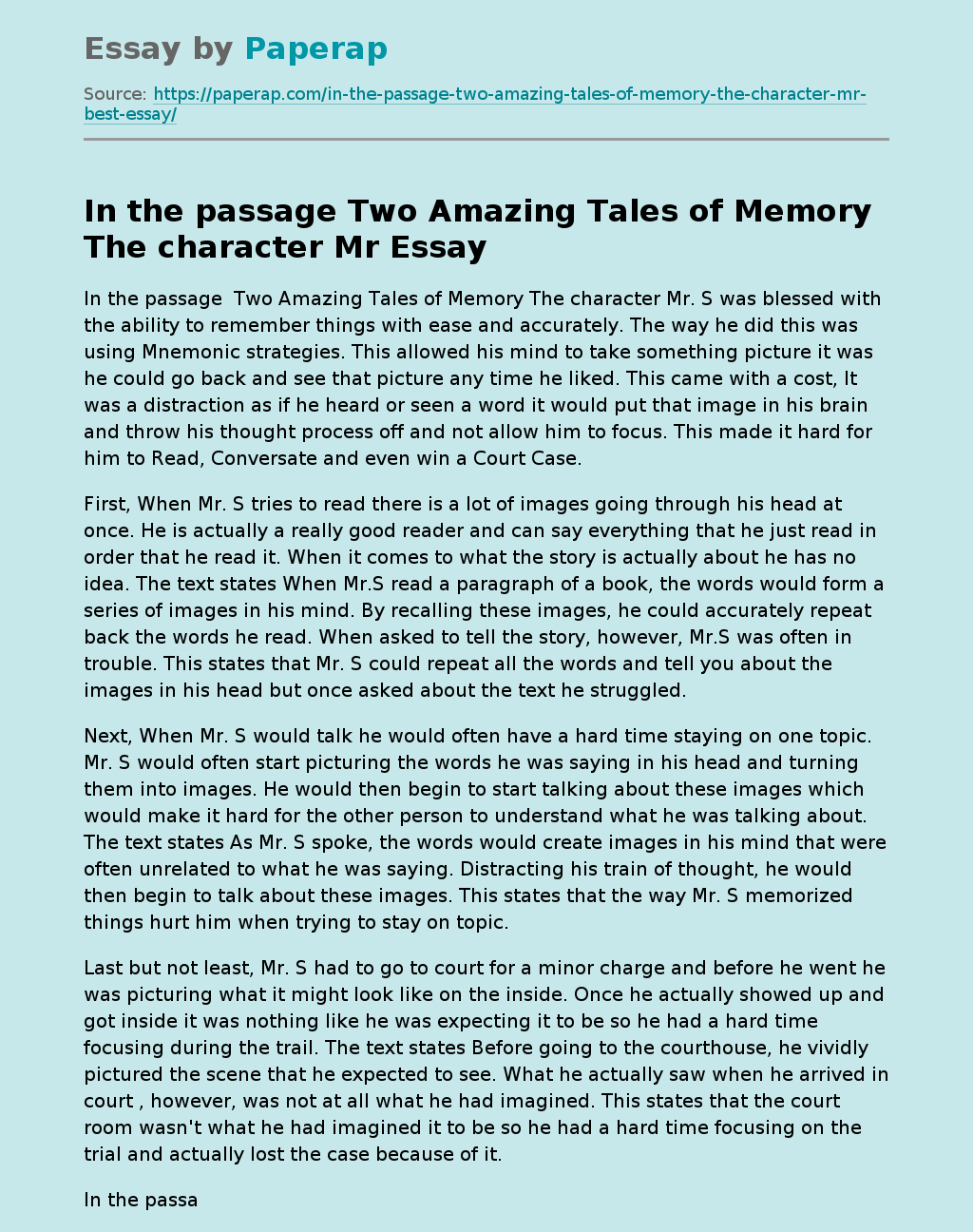 In the passage  Two Amazing Tales of Memory The character Mr