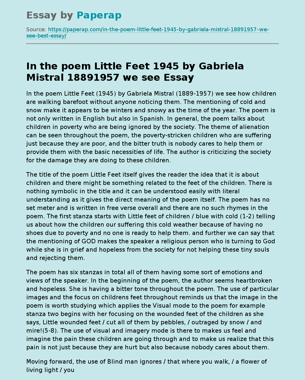 In the poem Little Feet 1945 by Gabriela Mistral 18891957 we see