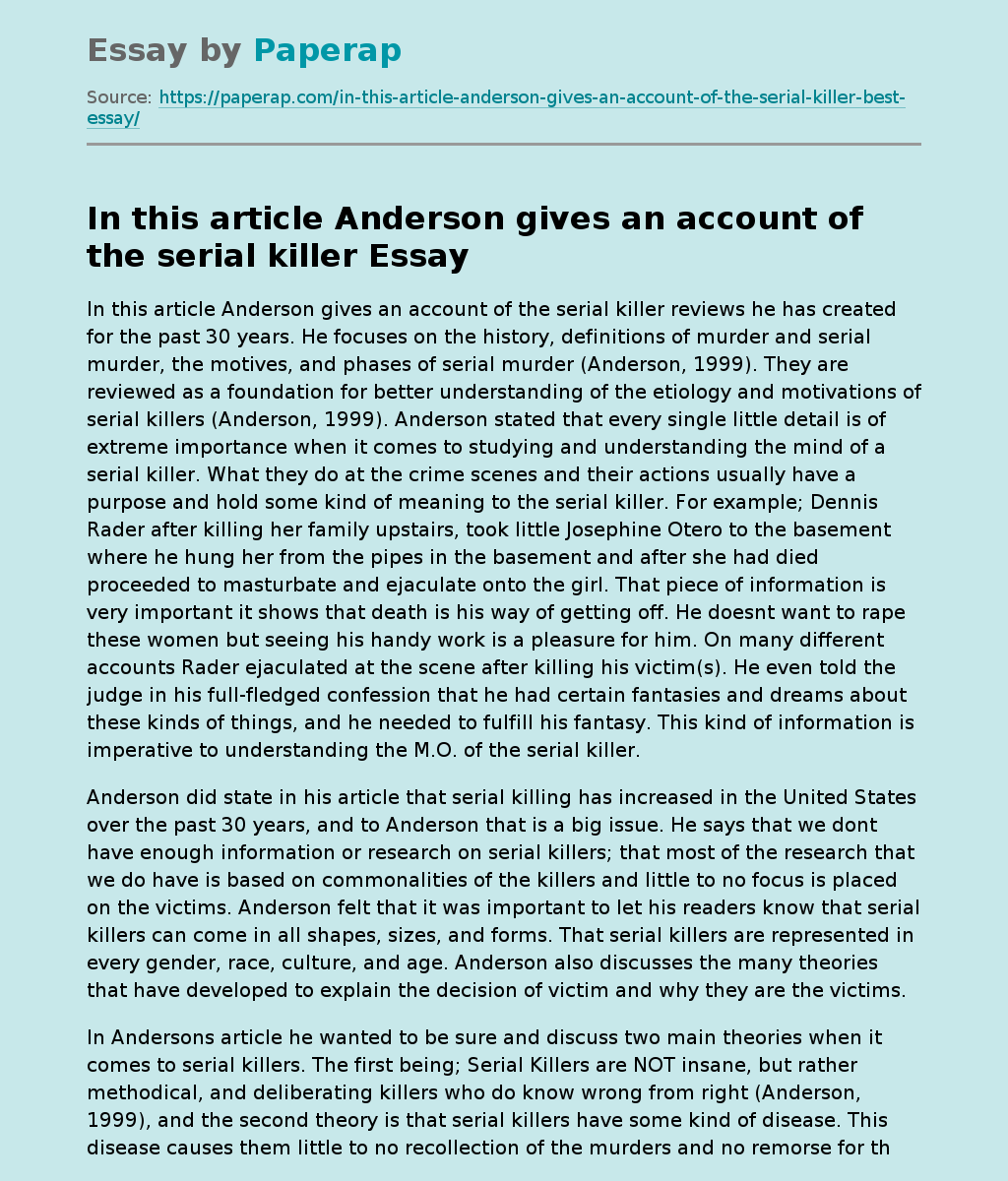 In this article Anderson gives an account of the serial killer