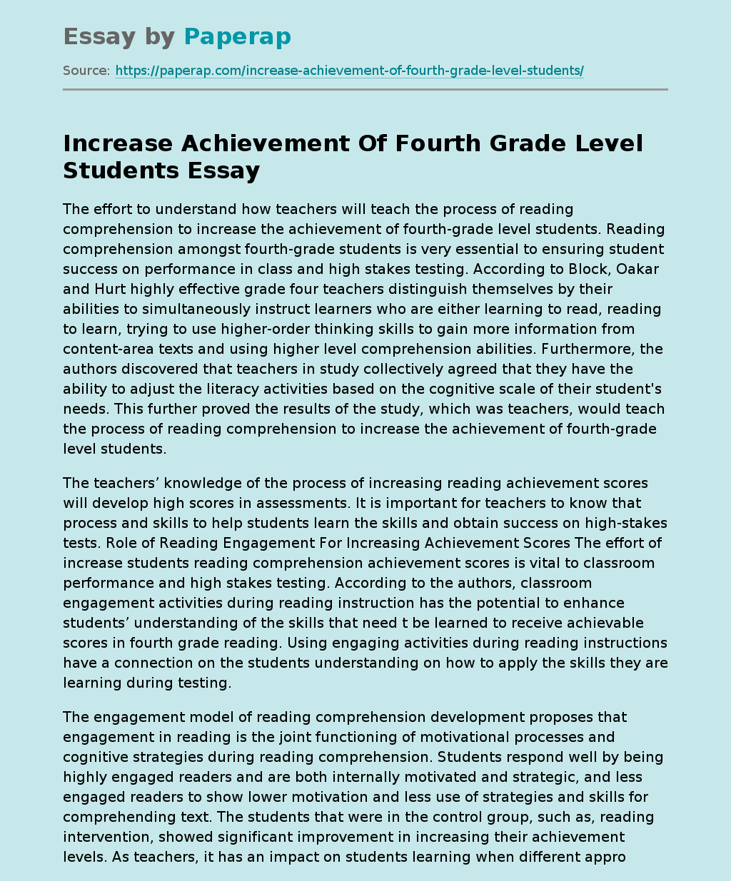 Increase Achievement Of Fourth Grade Level Students