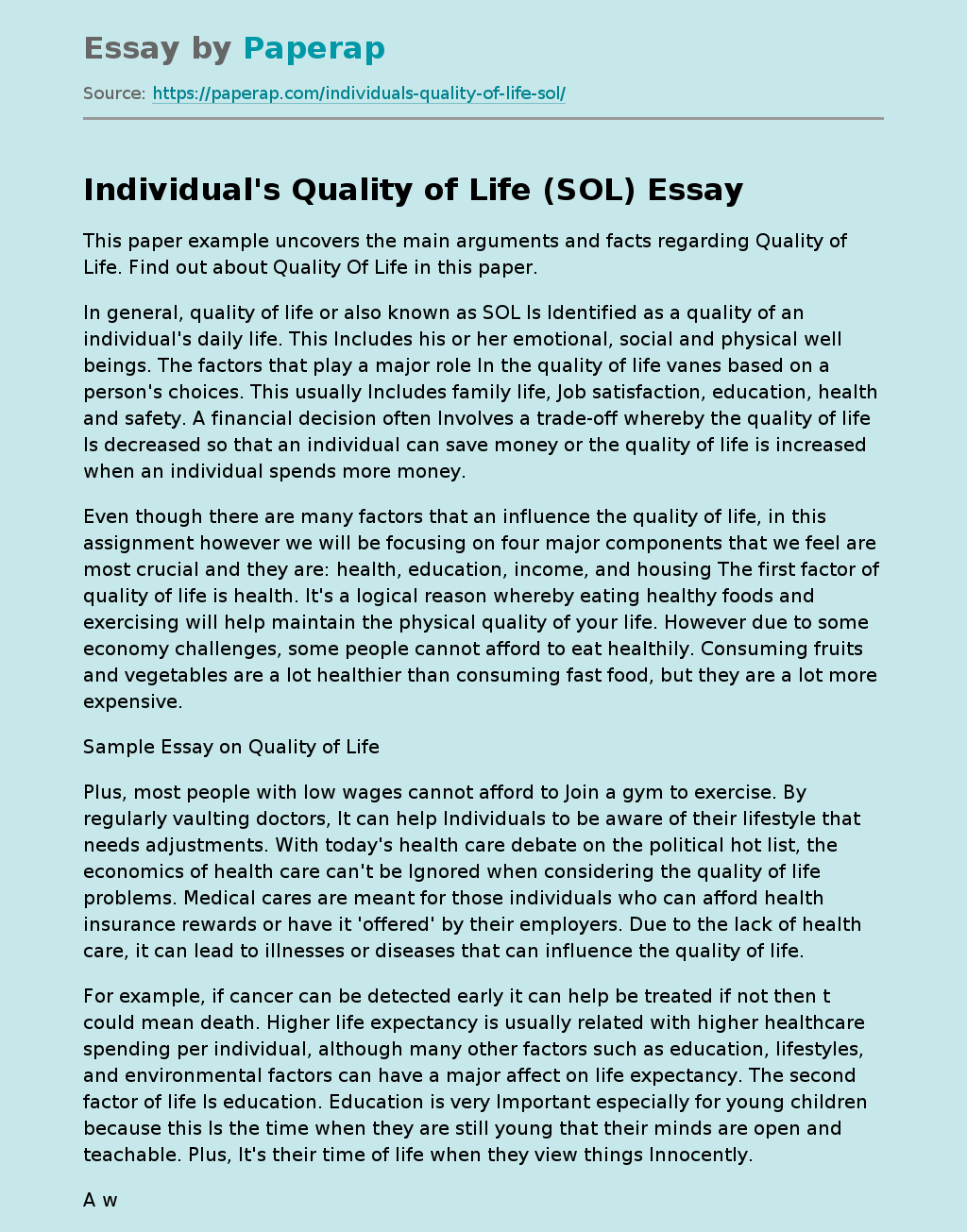Individual's Quality of Life (SOL)