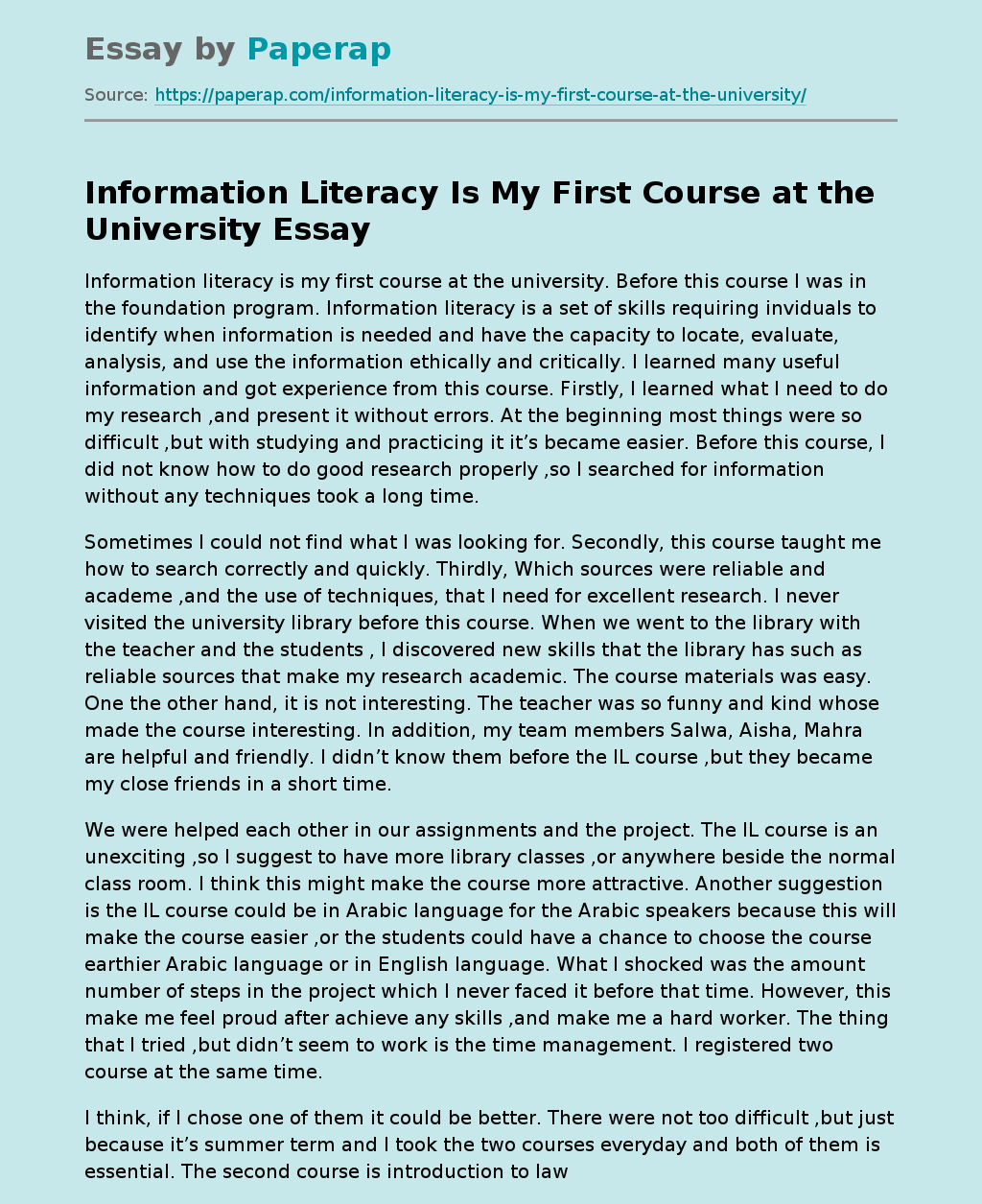 Information Literacy Is My First Course at the University
