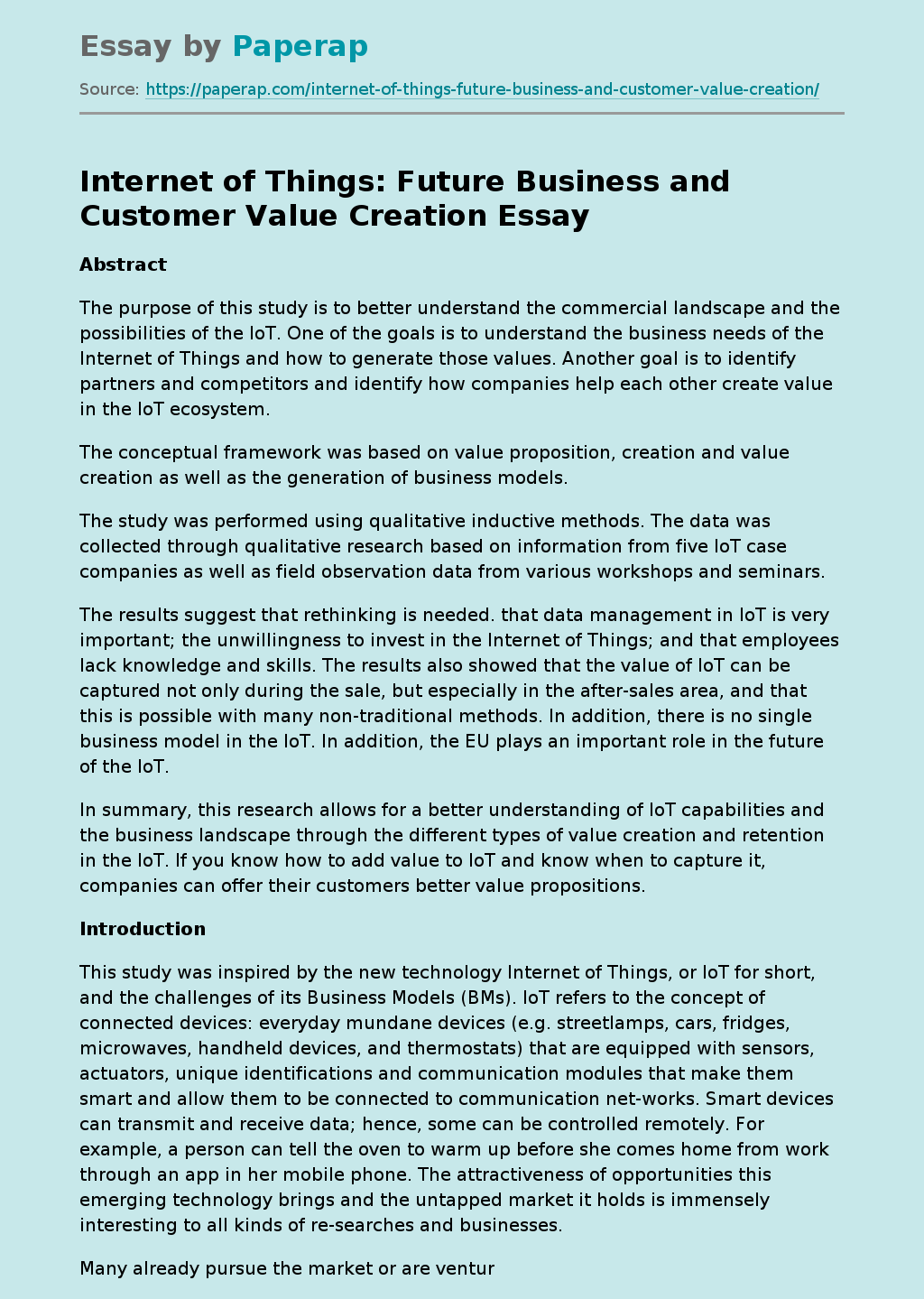Internet of Things: Future Business and Customer Value Creation