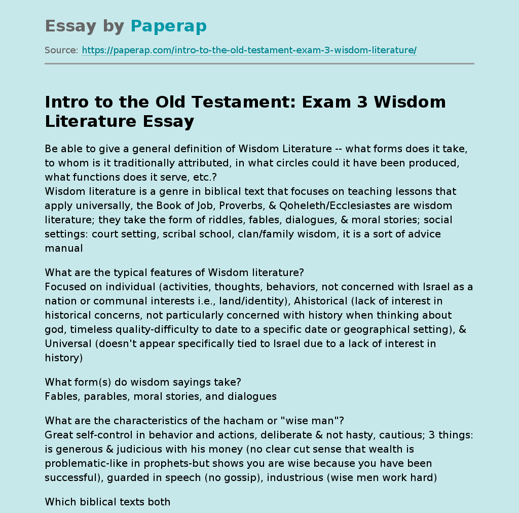 Intro to the Old Testament: Exam 3 Wisdom Literature